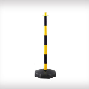 Poste con base rellenable y cadenas para separar y mantener sistancia de seguridad, amarillo y negro