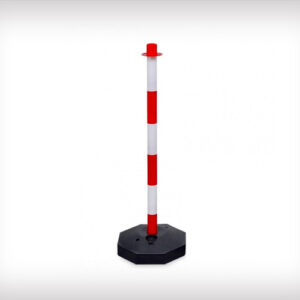 Poste con base rellenable y cadenas para separar y mantener sistancia de seguridad, rojo y blanco
